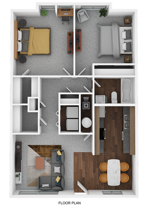 Floor plan for 2 beds, 1 bath, 940 sqft
